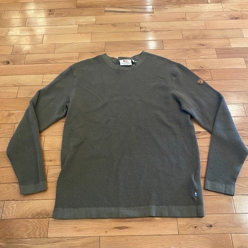 Fjallraven Mens Orvik Round Neck Shirt Laurel Green Waffle Knit Wool Blend Med